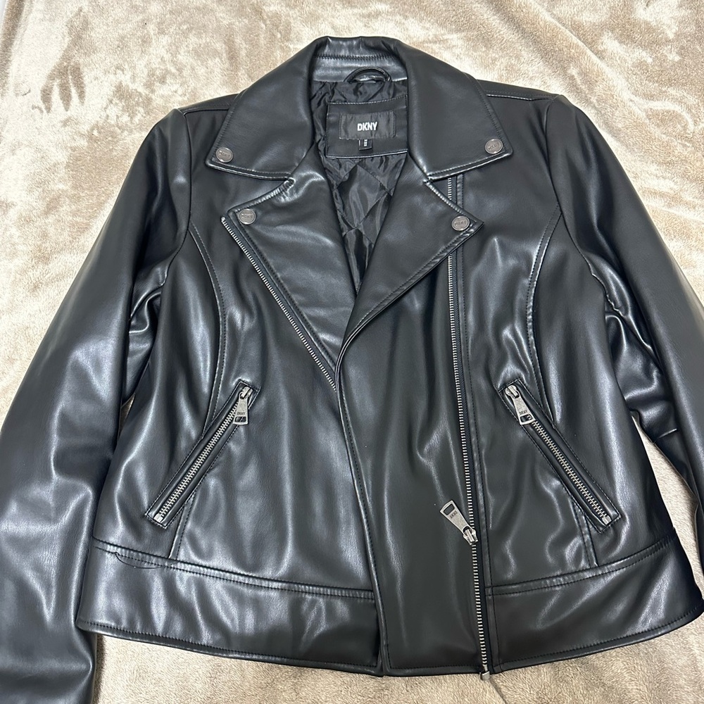 DKNY Black Leather Moto Jacket with Asymmetrical Zipper